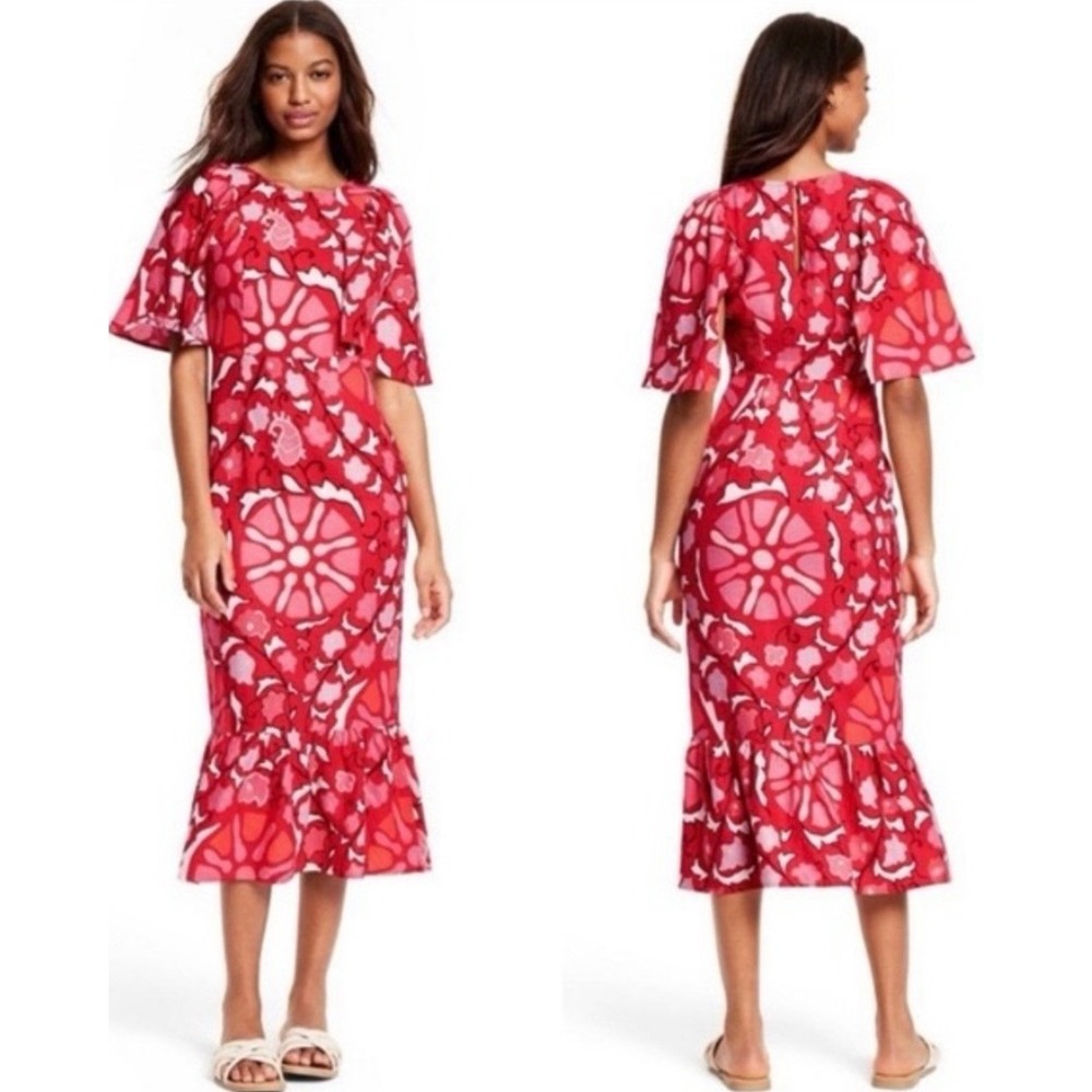 Rhode Red Floral Medallion Linen Blend Ruffle Midi Dress Short‎ Sleeve 00